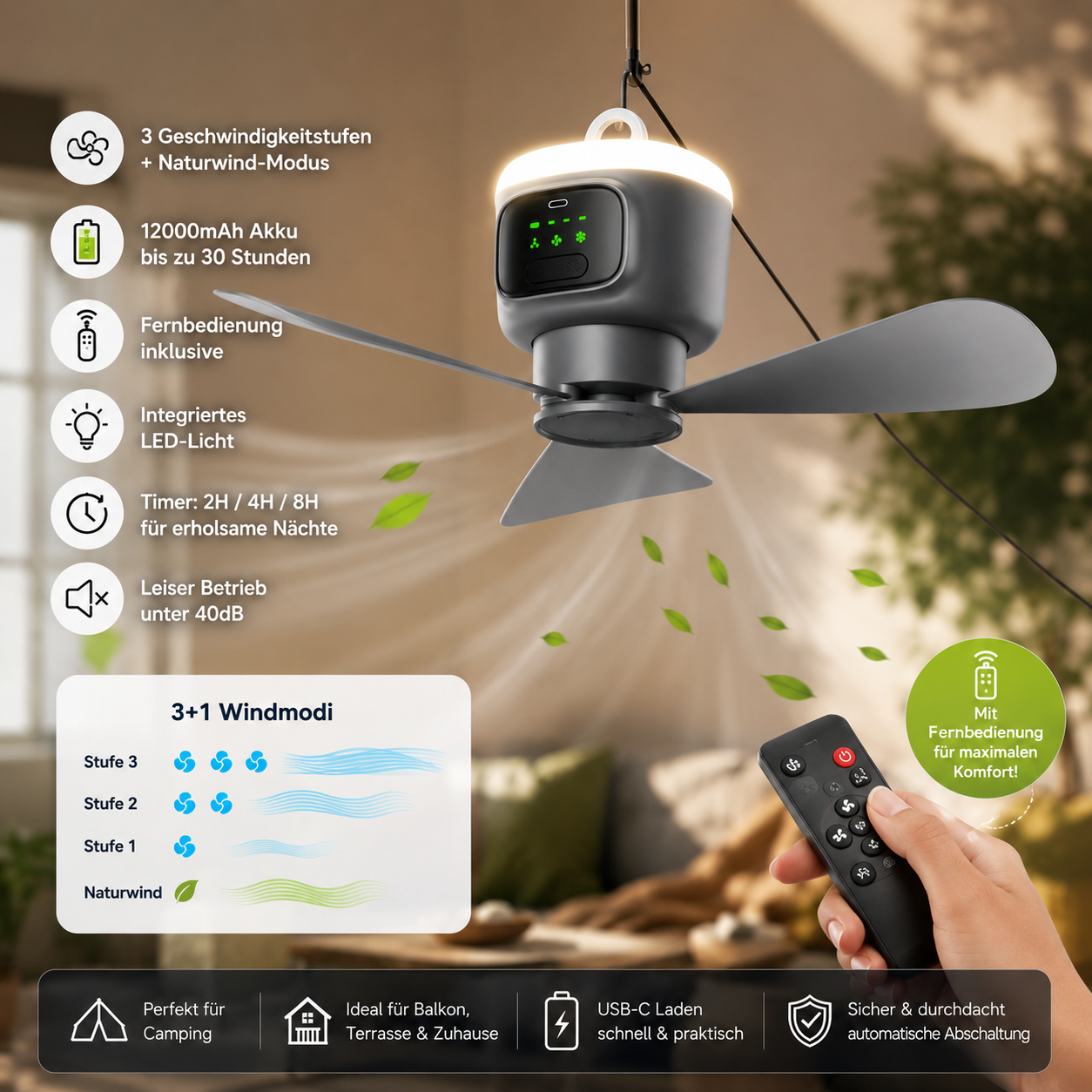 Portable Deckenventilator mit Akku & Fernbedienung