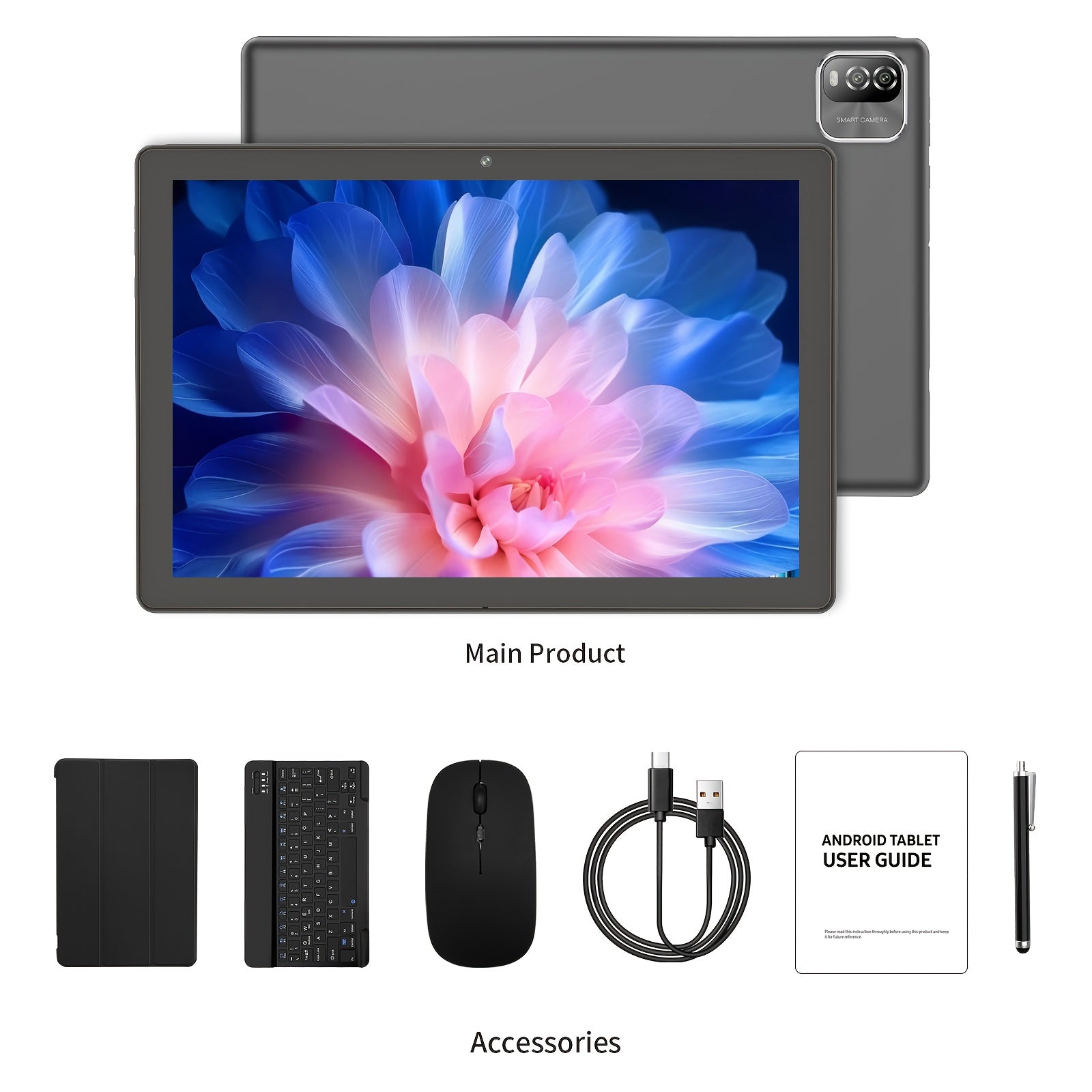 PRITOM 10.1-Inch Android 15 Tablet, 2-In-1 Tablet (Includes Keyboard, Mouse, Case, Stylus And Data Cable), 12GB (3GB + 9GB Expandable) RAM, 64GB Storage, Supports Up to 1TB Storage Expansion, 8 Million Pixel Camera, Dual-Band