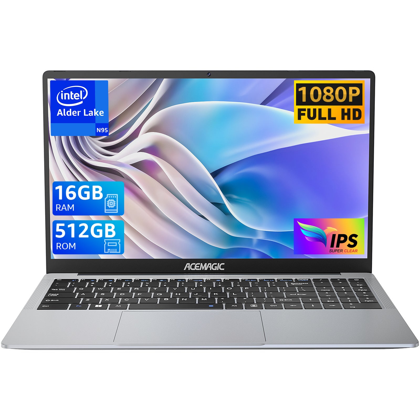 Laptop 15.6 Inch FHD 16 GB DDR4 512 GB SSD Notebook Computer In-tel Quad-Core N95 Lightweight Laptop with WiFi 5 Wireless 5.0 USB 3.2 x 2 Type C