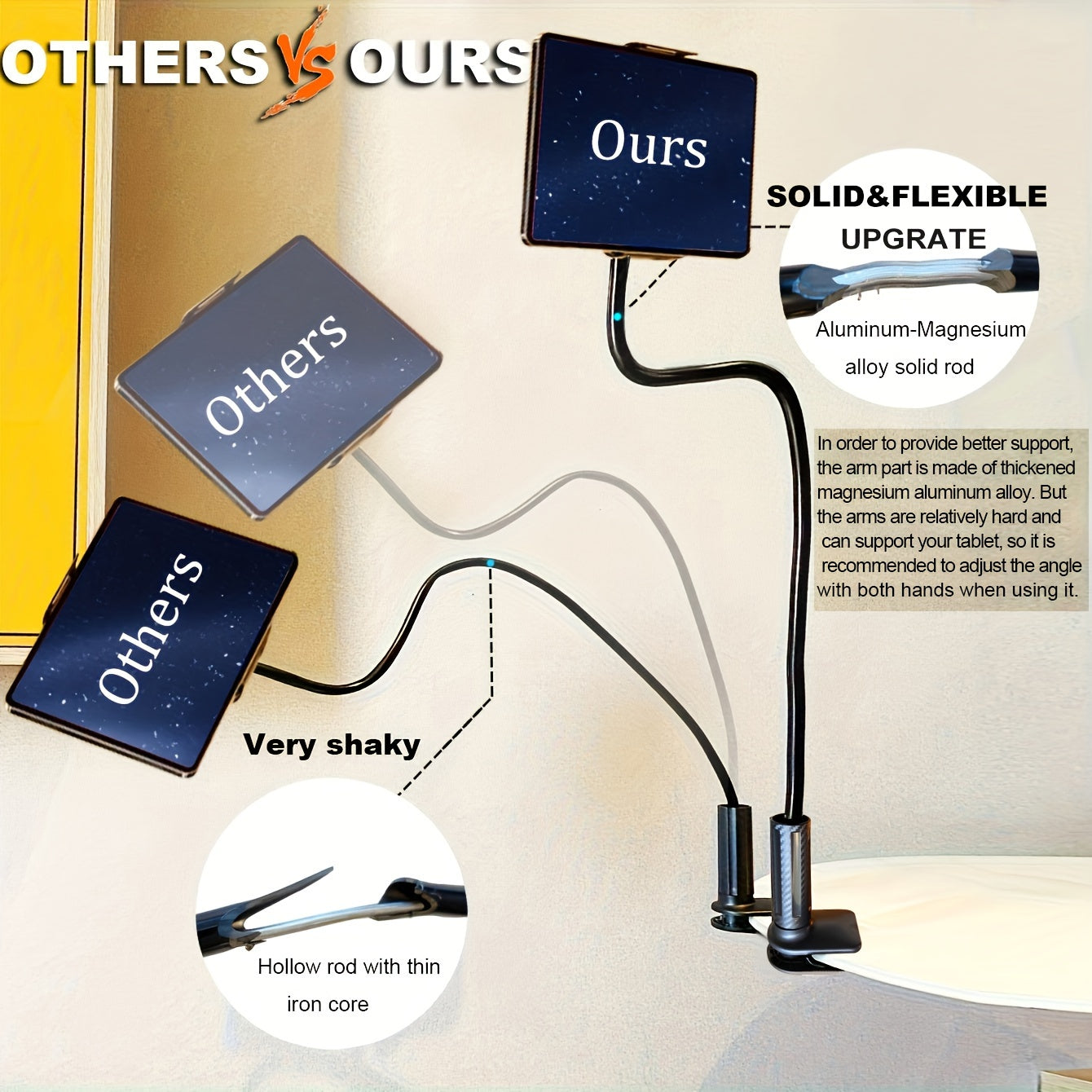 1 Upgraded Heavy-Duty Tablet & Phone Bedside Stand, Lazy Goose Neck Holder. 3D Rotating Long Arm Nightstand Mount for Phones and iPads. Universal Bracket for Online Classes Live Streaming