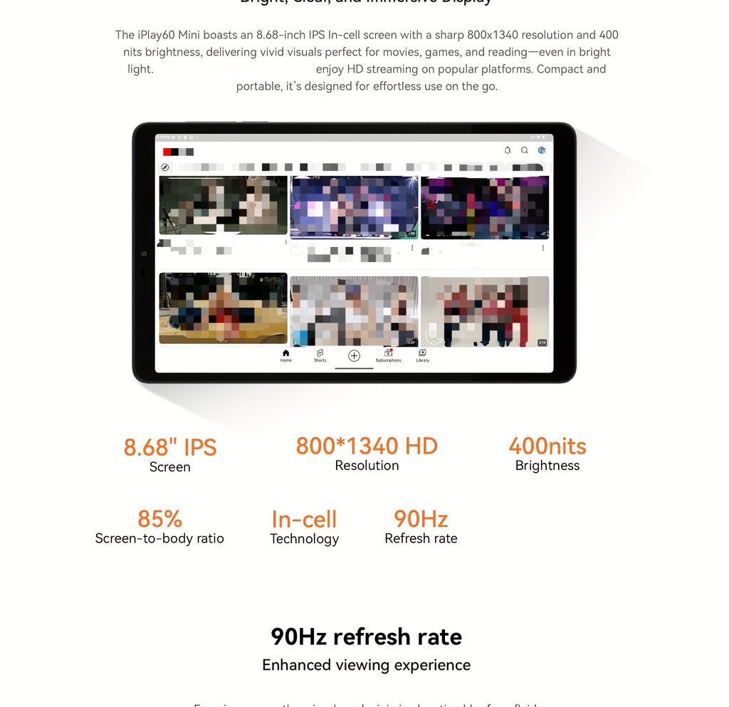 ALLDOCUBE iPlay 60 mini tablet 8.68 inch Android 15 Pad 90Hz display 4G LTE & GPS Widevine L1 12GB(4+8) RAM + 64GB ROM support expandable to 512GB Octa-Core Unisoc T606 CPU dual speakers lightweight