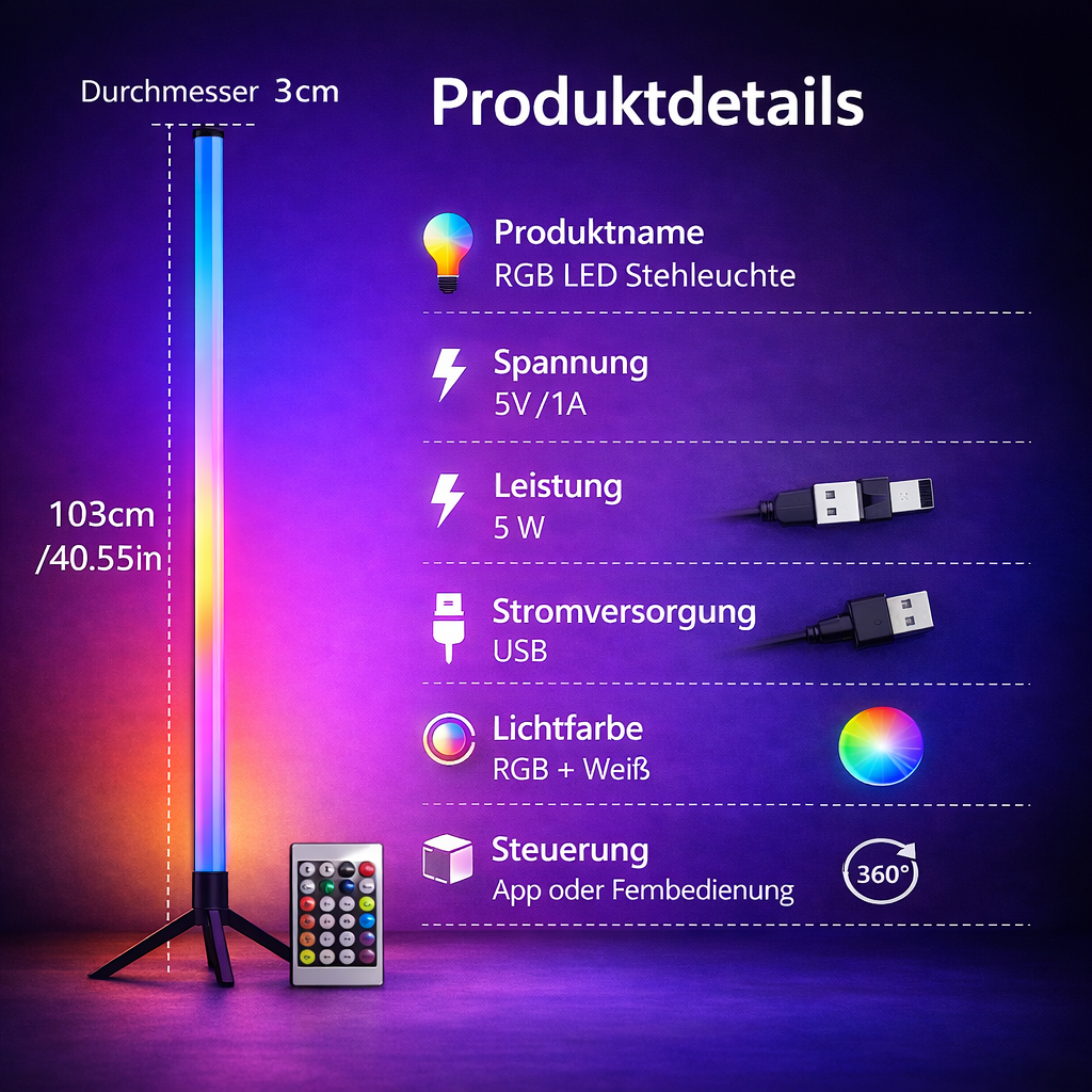 RGB Ambient Stehleuchte 120 cm – Smart LED Lampe mit Fernbedienung