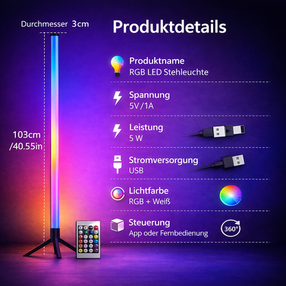 RGB Ambient Stehleuchte 120 cm – Smart LED Lampe mit Fernbedienung