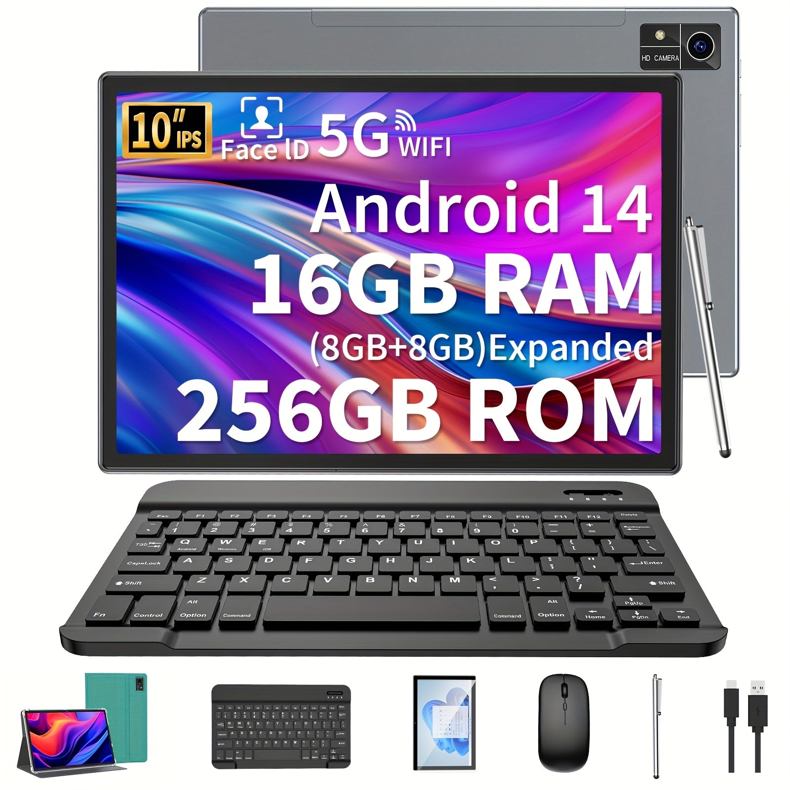 QDDQ 2025 NEW Tablet Android 14 Tablet 10 lnch, 16GB(8GB+8GB Expanded)RAM+256GB ROM, with Keyboard, Case, Mouse, Stylus, 1280* 800 IPS FHD Screen13MP+5MP Camera, Dual Speakers, 5G WiFi, (No Adapter),  Portable Tablet, Lightwe