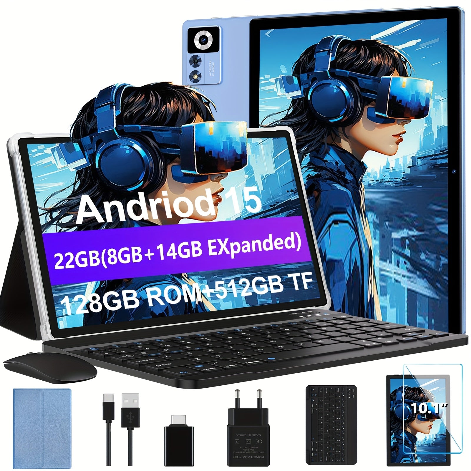 ZIOVO Newest Z168 10.1" 2-in-1 Tablet - FHD IPS Touch Screen, 22GB RAM (8GB+14GB Extended)+128GB ROM, With Case+Keyboard+Mouse+OTG, 2.0GHz Octa-Core, 8000mAh, Wi-Fi 6 & BT 5.0, 5+8MP Dual Camera, USB-C Port, Parental Control,