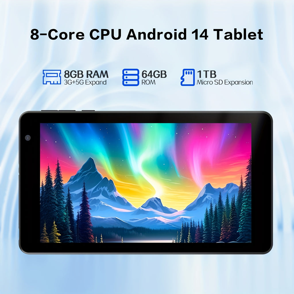 7 Inch Latest Android 14 Tablet, A523CPU Octa-core Processor, 8GB (3+5GB) RAM 64GB ROM, 1TB Of Extended Memory, 8MP Rear Camera, 5G Dual-band, Wifi6, 3500mah Tablet, 1024*600IPS
