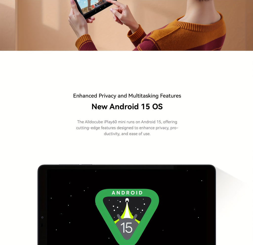 ALLDOCUBE iPlay 60 mini tablet 8.68 inch Android 15 Pad 90Hz display 4G LTE & GPS Widevine L1 12GB(4+8) RAM + 64GB ROM support expandable to 512GB Octa-Core Unisoc T606 CPU dual speakers lightweight