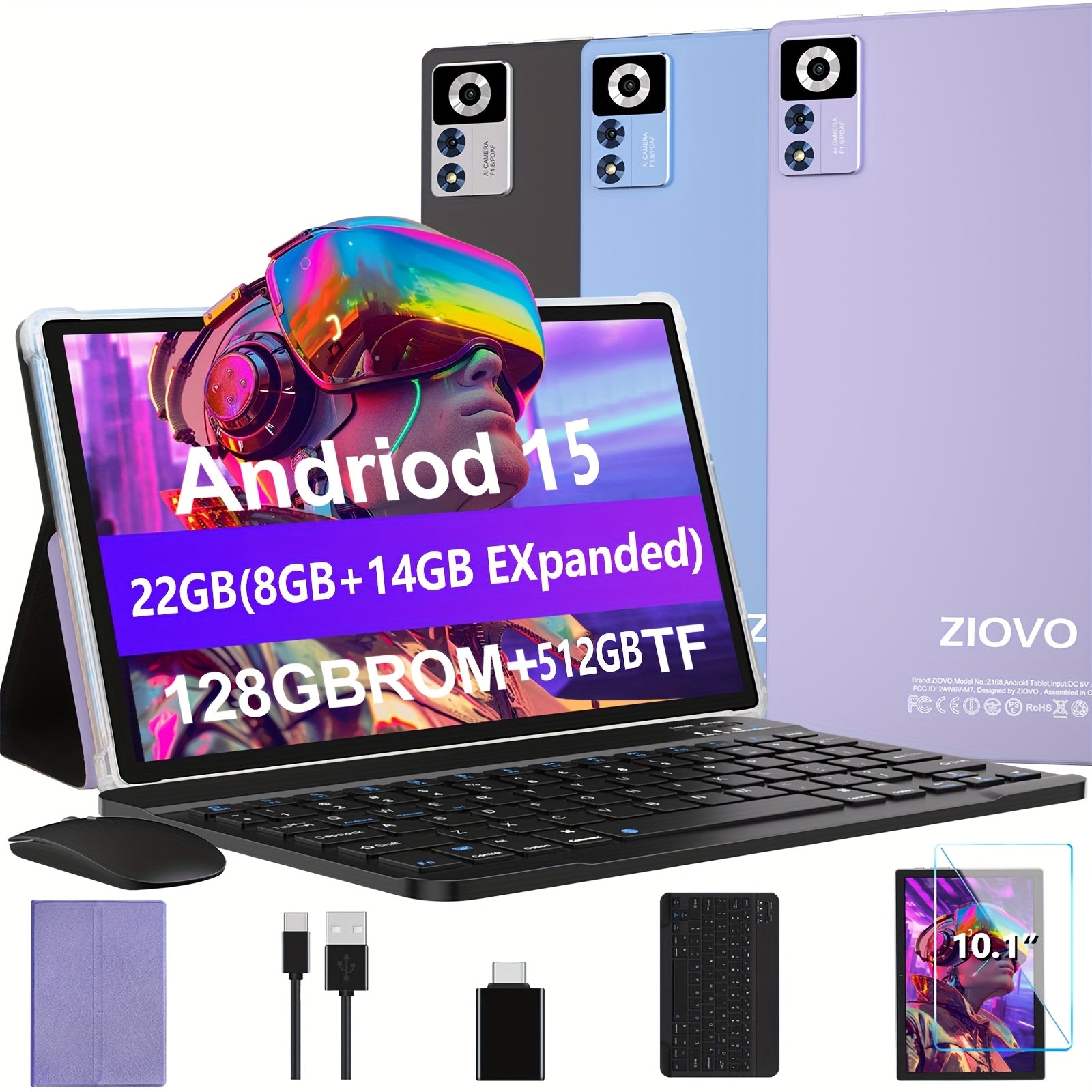ZIOVO Newest Z168 10.1" 2-in-1 Tablet - FHD IPS Touch Screen, 22GB RAM (8GB+14GB Extended)+128GB ROM, With Case+Keyboard+Mouse+OTG, 2.0GHz Octa-Core, 8000mAh, Wi-Fi 6 & BT 5.0, 5+8MP Dual Camera, USB-C Port, Parental Control,
