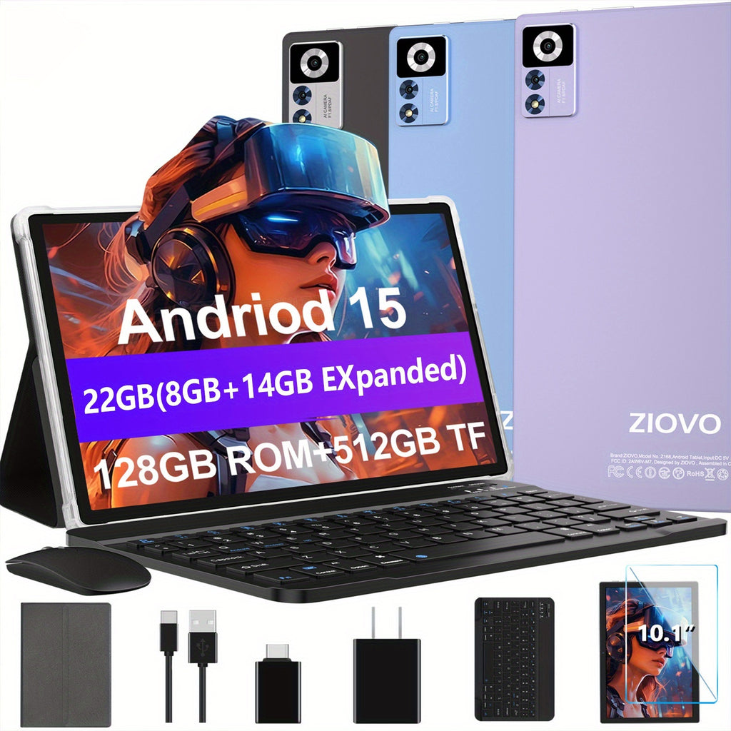 ZIOVO Newest Z168 10.1" 2-in-1 Tablet - FHD IPS Touch Screen, 22GB RAM (8GB+14GB Extended)+128GB ROM, With Case+Keyboard+Mouse+OTG, 2.0GHz Octa-Core, 8000mAh, Wi-Fi 6 & BT 5.0, 5+8MP Dual Camera, USB-C Port, Parental Control,
