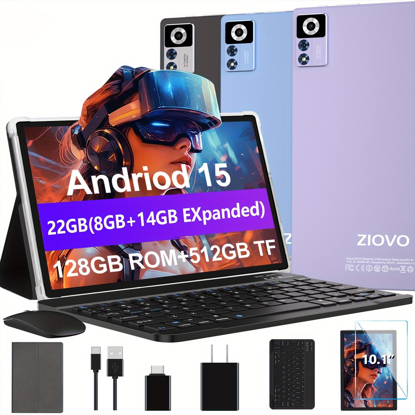 ZIOVO Newest Z168 10.1" 2-in-1 Tablet - FHD IPS Touch Screen, 22GB RAM (8GB+14GB Extended)+128GB ROM, With Case+Keyboard+Mouse+OTG, 2.0GHz Octa-Core, 8000mAh, Wi-Fi 6 & BT 5.0, 5+8MP Dual Camera, USB-C Port, Parental Control,