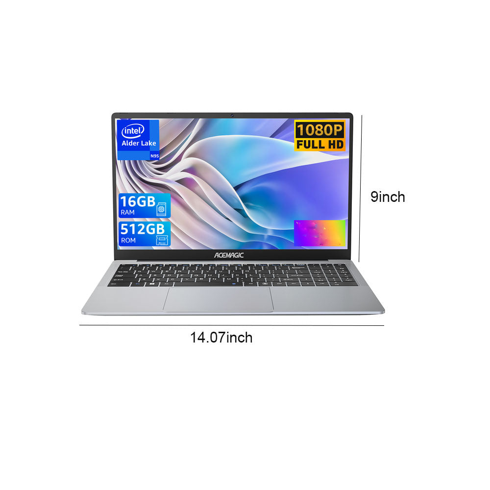 Laptop 15.6 Inch FHD 16 GB DDR4 512 GB SSD Notebook Computer In-tel Quad-Core N95 Lightweight Laptop with WiFi 5 Wireless 5.0 USB 3.2 x 2 Type C
