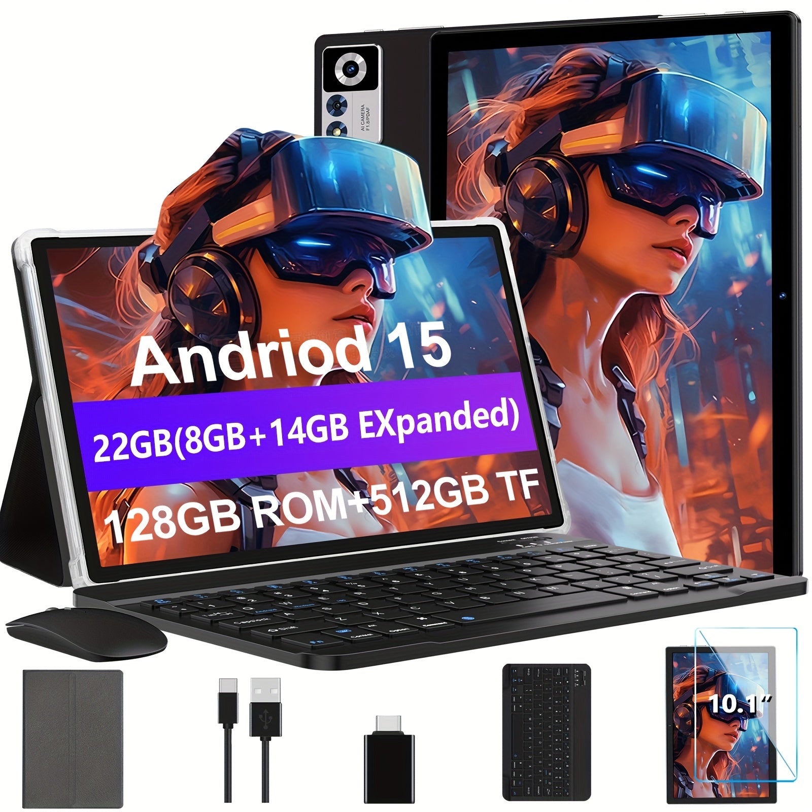 ZIOVO Newest Z168 10.1" 2-in-1 Tablet - FHD IPS Touch Screen, 22GB RAM (8GB+14GB Extended)+128GB ROM, With Case+Keyboard+Mouse+OTG, 2.0GHz Octa-Core, 8000mAh, Wi-Fi 6 & BT 5.0, 5+8MP Dual Camera, USB-C Port, Parental Control,