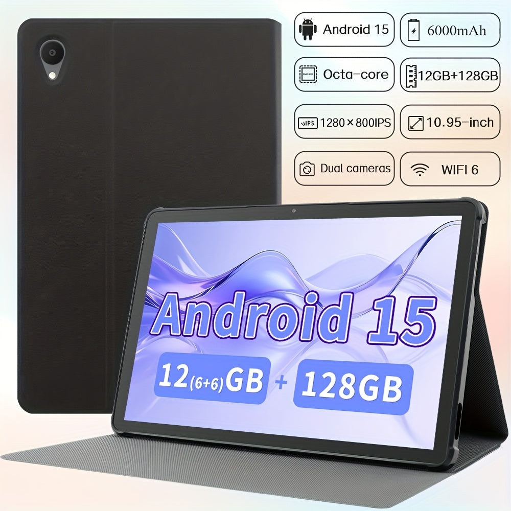 Tablet Computer, 10.95 Inch Display Screen, Android 15 Operating System, Including Protective Case, 12GB RAM (6GB+6GB Expansion), 128GB ROM, Dual Cameras (5MP+13MP), Eight Core Processor, 1280x800 IPS High-definition Display