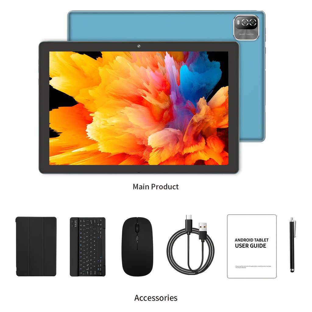 PRITOM 10.1-Inch Android 15 Tablet, 2-In-1 Tablet (Includes Keyboard, Mouse, Case, Stylus And Data Cable), 12GB (3GB + 9GB Expandable) RAM, 64GB Storage, Supports Up to 1TB Storage Expansion, 8 Million Pixel Camera, Dual-Band