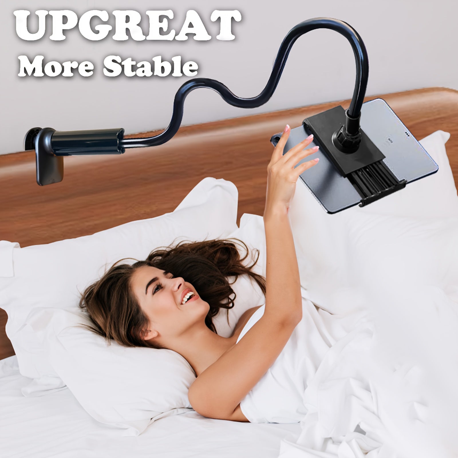 1 Upgraded Heavy-Duty Tablet & Phone Bedside Stand, Lazy Goose Neck Holder. 3D Rotating Long Arm Nightstand Mount for Phones and iPads. Universal Bracket for Online Classes Live Streaming