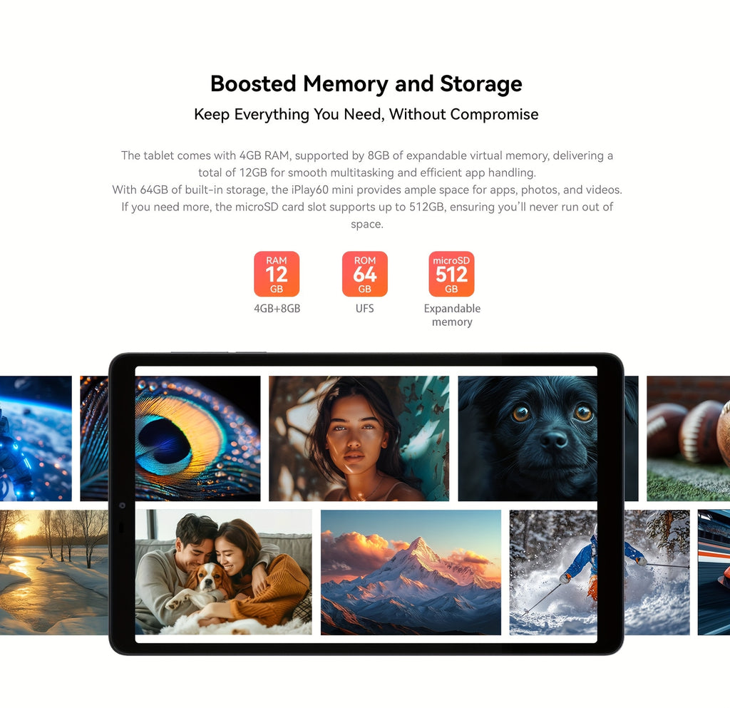 ALLDOCUBE iPlay 60 mini tablet 8.68 inch Android 15 Pad 90Hz display 4G LTE & GPS Widevine L1 12GB(4+8) RAM + 64GB ROM support expandable to 512GB Octa-Core Unisoc T606 CPU dual speakers lightweight