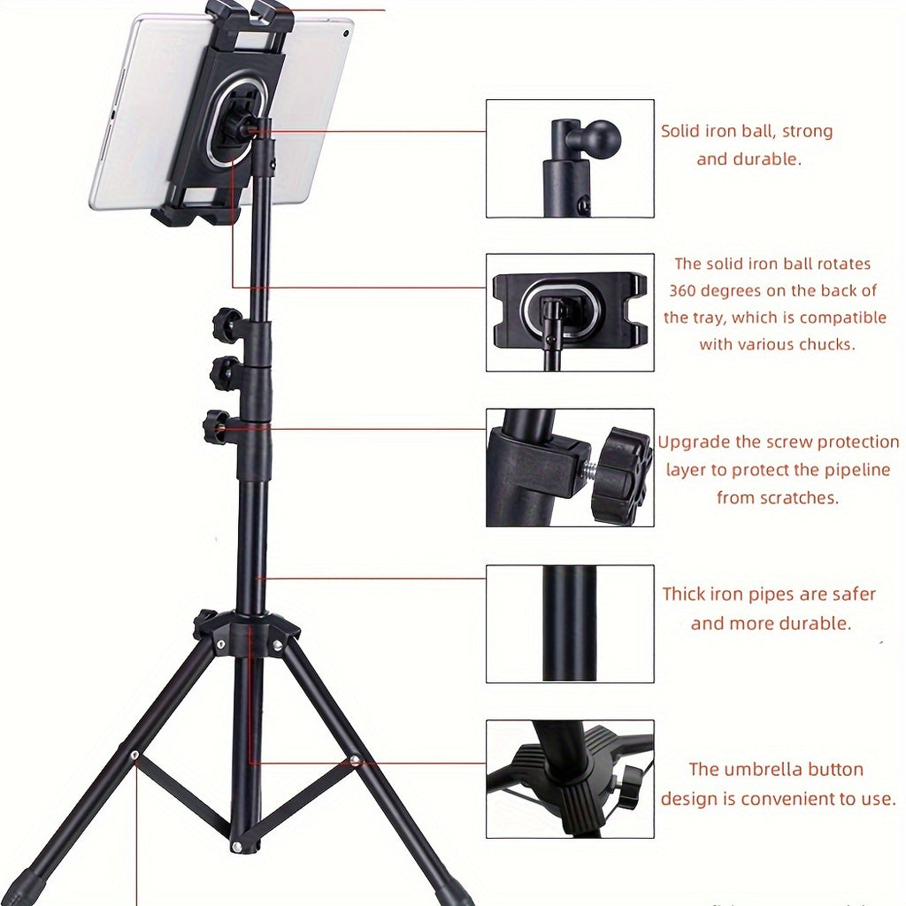 Iron Adjustable Tripod Stand Tablet Holder, Universal Tablet Mount with Telescopic Height for Live Streaming and Recording