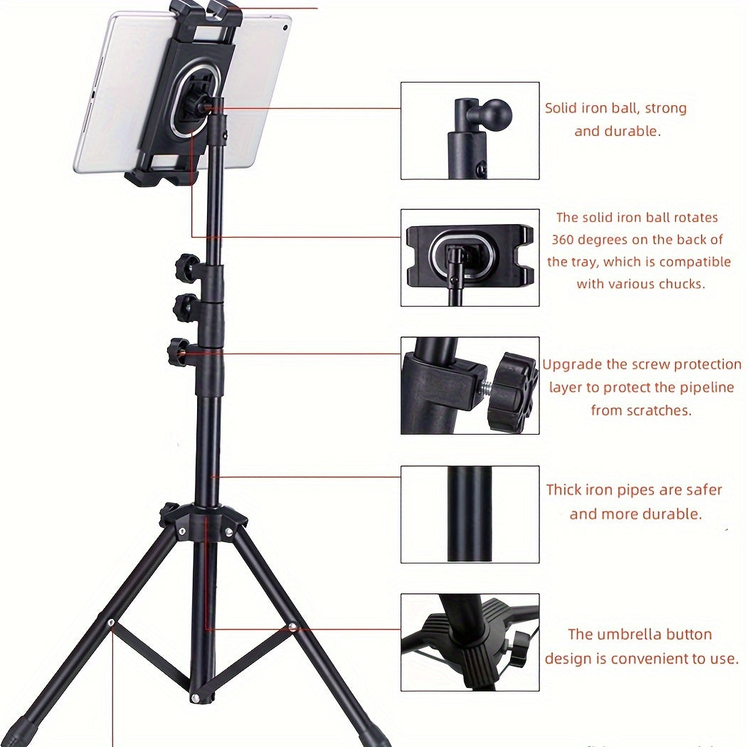 Iron Adjustable Tripod Stand Tablet Holder, Universal Tablet Mount with Telescopic Height for Live Streaming and Recording