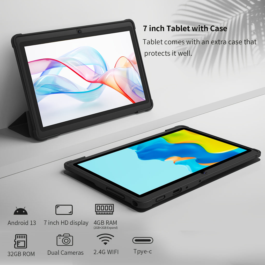 PRITOM 7-Zoll-Android-13-Tablet mit Schutzhülle, 4 GB (2 GB + 2 GB erweitert), 32 GB ROM mit Quad-Core-Prozessor, Unterstützung für Speicherkarten, 1 TB Erweiterung, HD-IPS-Display, zwei Kameras, zwei WLAN (2,4 G + 5 G), T
