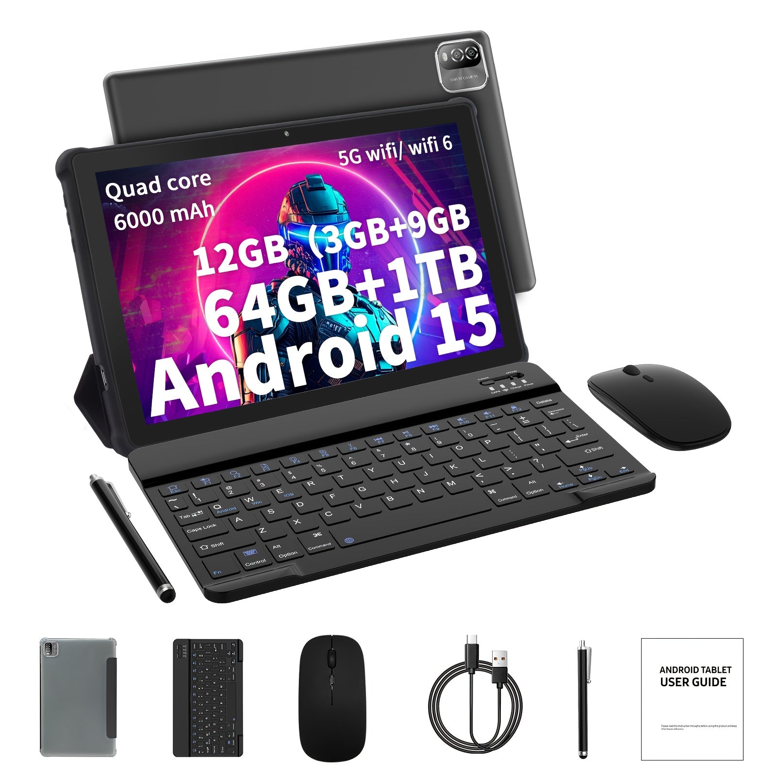 PRITOM 10.1-Inch Android 15 Tablet, 2-In-1 Tablet (Includes Keyboard, Mouse, Case, Stylus And Data Cable), 12GB (3GB + 9GB Expandable) RAM, 64GB Storage, Supports Up to 1TB Storage Expansion, 8 Million Pixel Camera, Dual-Band