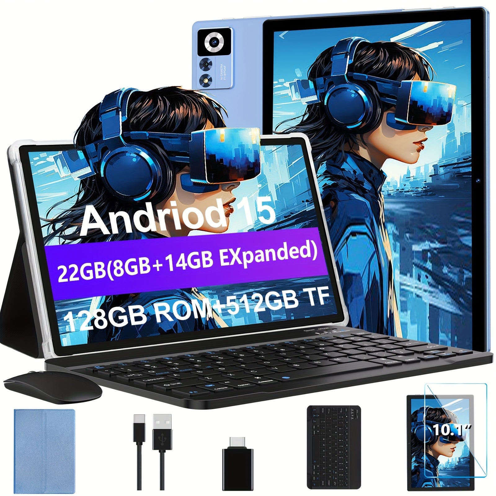 ZIOVO Newest Z168 10.1" 2-in-1 Tablet - FHD IPS Touch Screen, 22GB RAM (8GB+14GB Extended)+128GB ROM, With Case+Keyboard+Mouse+OTG, 2.0GHz Octa-Core, 8000mAh, Wi-Fi 6 & BT 5.0, 5+8MP Dual Camera, USB-C Port, Parental Control,