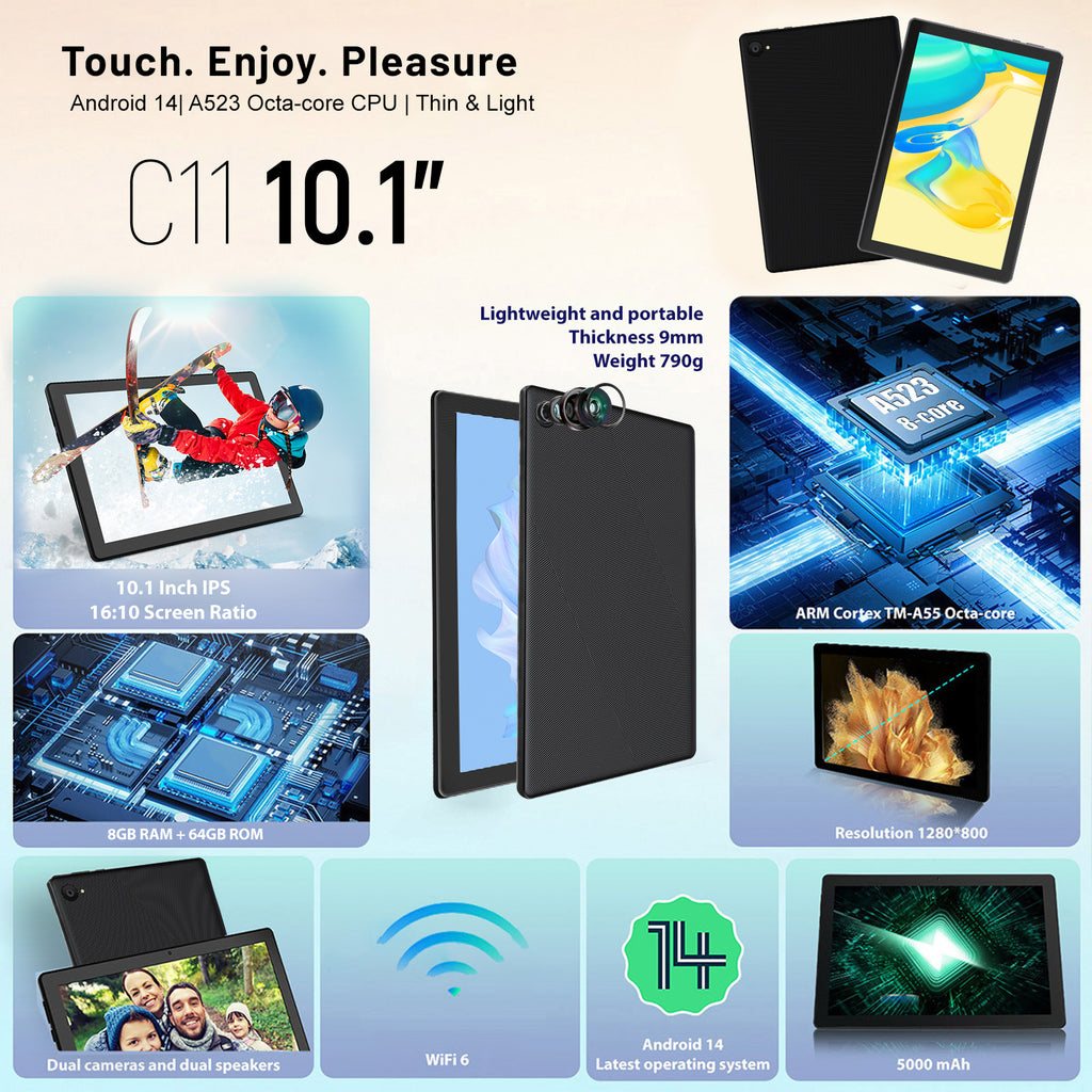 10.1 Inch Android 14 Tablet, Android Tablet, 8 (3+5)GB RAM, 64GB ROM, Expandable to 1TB, Octa-Core, Gray laptop Bag, Wireless Keyboard, Mouse, Folding Case, Stylus without electricity,HD Display, 5MP+8MP Dual Cameras, 1280*80