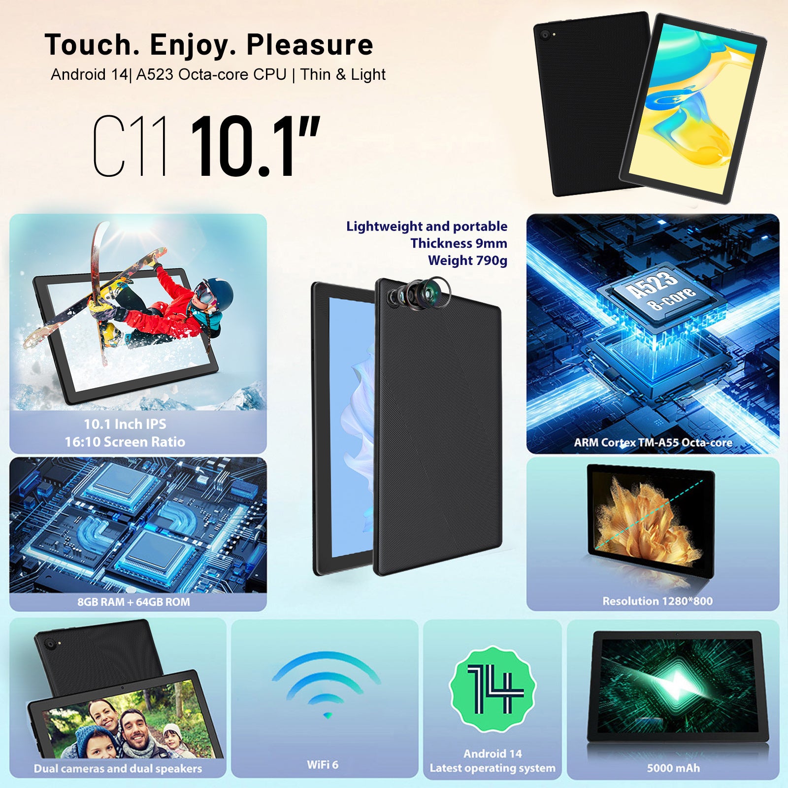 10.1 Inch Android 14 Tablet, Android Tablet, 8 (3+5)GB RAM, 64GB ROM, Expandable to 1TB, Octa-Core, Gray laptop Bag, Wireless Keyboard, Mouse, Folding Case, Stylus without electricity,HD Display, 5MP+8MP Dual Cameras, 1280*80