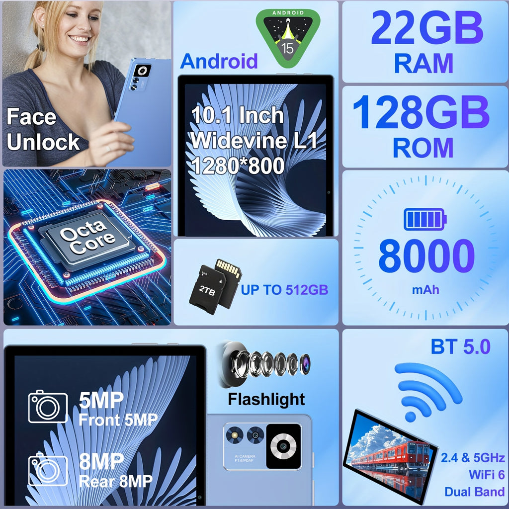 ZIOVO Newest Z168 10.1" 2-in-1 Tablet - FHD IPS Touch Screen, 22GB RAM (8GB+14GB Extended)+128GB ROM, With Case+Keyboard+Mouse+OTG, 2.0GHz Octa-Core, 8000mAh, Wi-Fi 6 & BT 5.0, 5+8MP Dual Camera, USB-C Port, Parental Control,