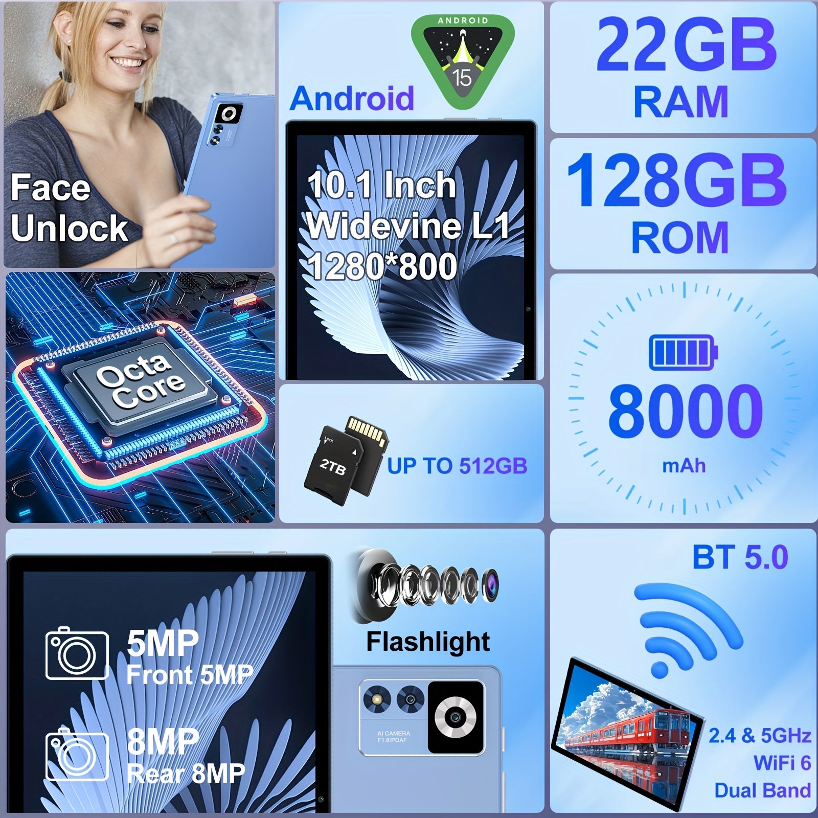 ZIOVO Newest Z168 10.1" 2-in-1 Tablet - FHD IPS Touch Screen, 22GB RAM (8GB+14GB Extended)+128GB ROM, With Case+Keyboard+Mouse+OTG, 2.0GHz Octa-Core, 8000mAh, Wi-Fi 6 & BT 5.0, 5+8MP Dual Camera, USB-C Port, Parental Control,