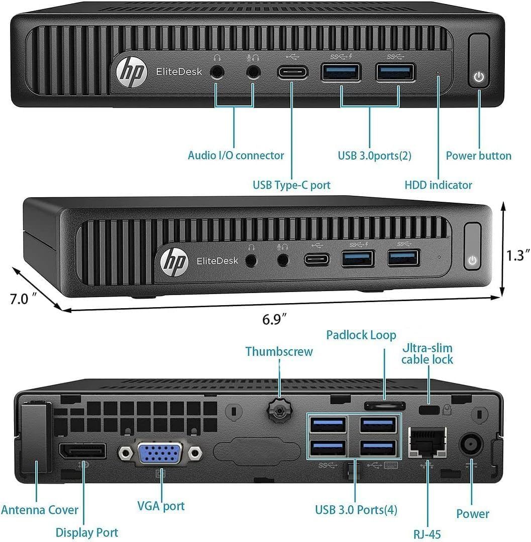 HP Elitedesk 800 G2 Desktop Mini PC, Intel Core I5-6600, 16 GB RAM, 512 GB SSD, US Keyboard (QWERTY), Wifi, Bluetooth, Windows 11 Pro (Refurbished)