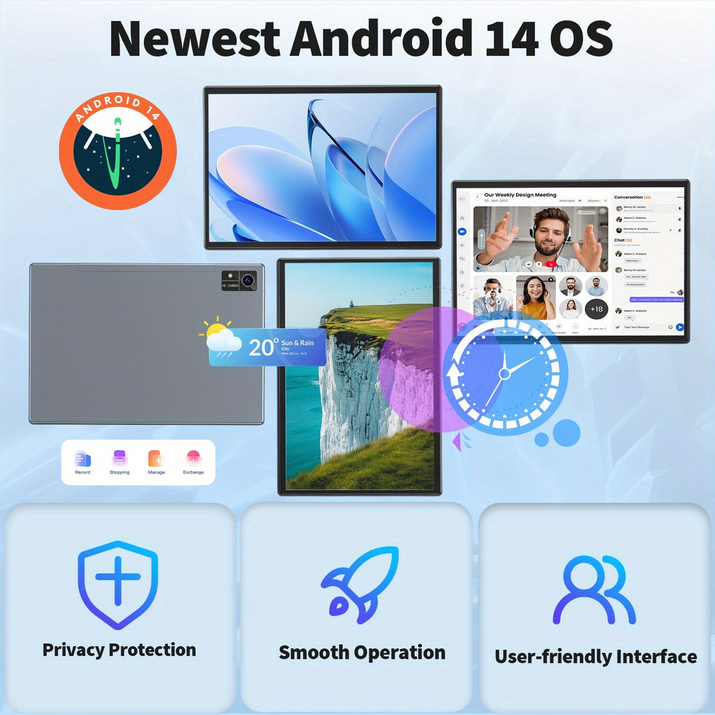 QDDQ 2025 NEW Tablet Android 14 Tablet 10 lnch, 16GB(8GB+8GB Expanded)RAM+256GB ROM, with Keyboard, Case, Mouse, Stylus, 1280* 800 IPS FHD Screen13MP+5MP Camera, Dual Speakers, 5G WiFi, (No Adapter),  Portable Tablet, Lightwe