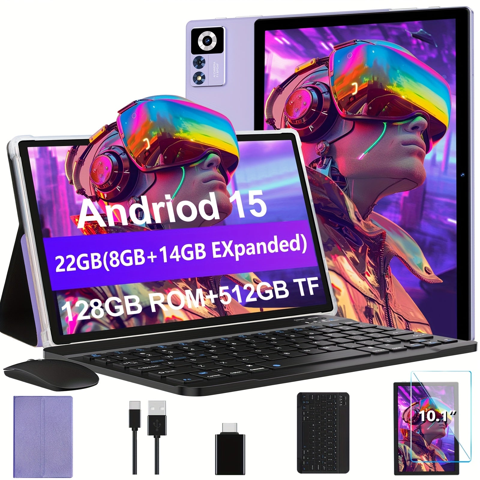 ZIOVO Newest Z168 10.1" 2-in-1 Tablet - FHD IPS Touch Screen, 22GB RAM (8GB+14GB Extended)+128GB ROM, With Case+Keyboard+Mouse+OTG, 2.0GHz Octa-Core, 8000mAh, Wi-Fi 6 & BT 5.0, 5+8MP Dual Camera, USB-C Port, Parental Control,