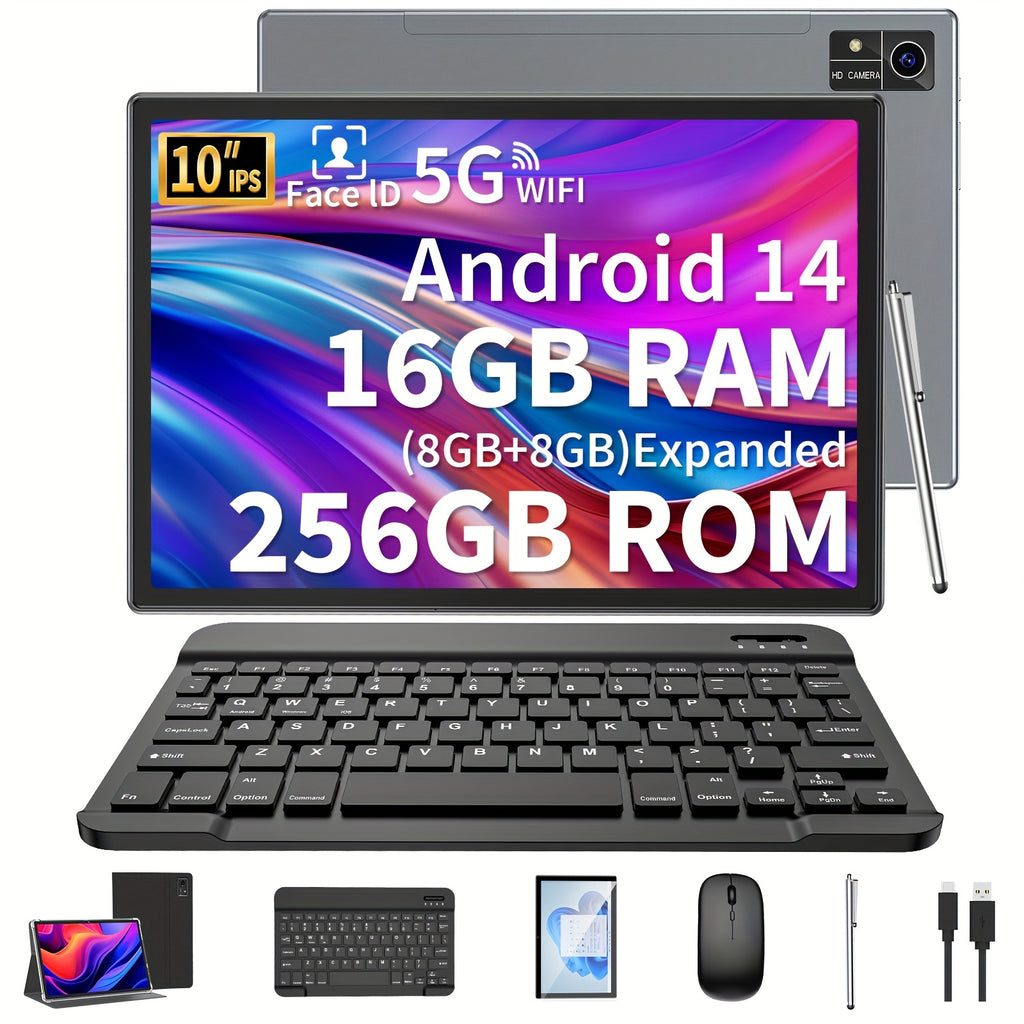 QDDQ 2025 NEW Tablet Android 14 Tablet 10 lnch, 16GB(8GB+8GB Expanded)RAM+256GB ROM, with Keyboard, Case, Mouse, Stylus, 1280* 800 IPS FHD Screen13MP+5MP Camera, Dual Speakers, 5G WiFi, (No Adapter),  Portable Tablet, Lightwe