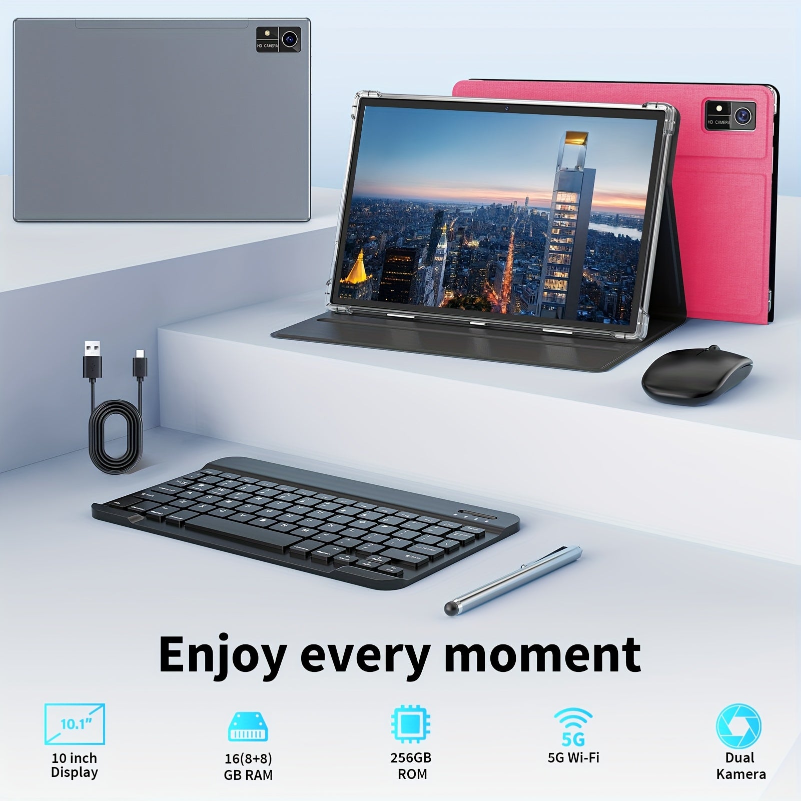 QDDQ 2025 NEW Tablet Android 14 Tablet 10 lnch, 16GB(8GB+8GB Expanded)RAM+256GB ROM, with Keyboard, Case, Mouse, Stylus, 1280* 800 IPS FHD Screen13MP+5MP Camera, Dual Speakers, 5G WiFi, (No Adapter),  Portable Tablet, Lightwe